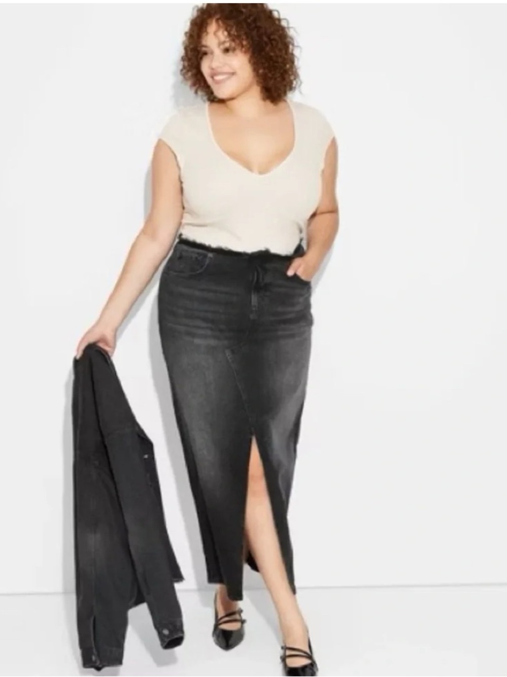 wild fable Black Maxi Denim Skirt with Raw Waist in size 0